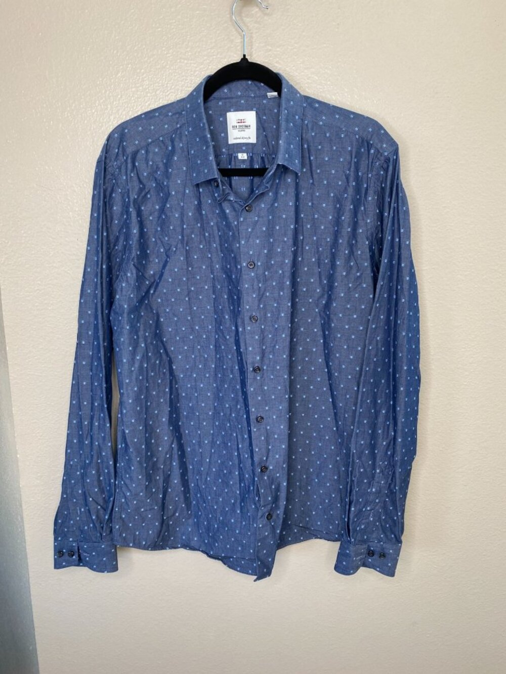 Ben Sherman Mens Tailored Skinny Fit Blue Polka Dot Long Sleeve Button-Up Shirt